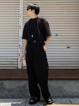「SINSS（シンス）のLeather cord drop necklace / レザーコードドロップネックレス（ネックレス、ブラック系）」を使った、あーさんさん（メンズ・171cm）の夏コーディネート
