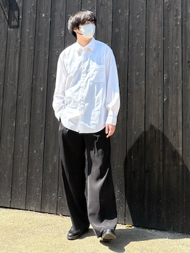 「HARE（ハレ）の【SET UP対応】TOROMIワイドパンツ(HARE)（スラックス、ブラック系）」を使った、あーさんさん（メンズ・171cm）の春コーディネート