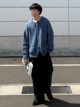 「SINSS（シンス）のShaggy knit polo cardigan / シャギーニットポロカーディガン（カーディガン/ボレロ、ブルー系）」を使った、あーさんさん（メンズ・171cm）の春コーディネート