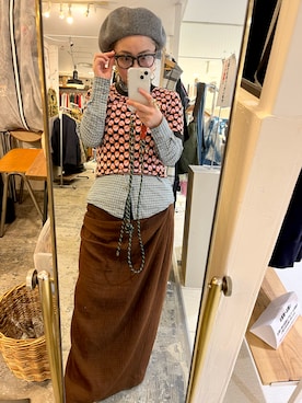 「柄×柄」｜「アイテム（ハンチング/ベレー帽）」を使った、yasuko0610さん（レディース・152cm）の春コーディネート