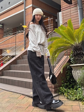 「HALEY PESCA（ヘーリーペスカ）のHALEY PESCA/【星柄×ボーダー】ワンショルダーカットソー ベルト付き（Tシャツ/カットソー、ホワイト系）」を使った、Maちゃん(HALEYPESCA)さん（レディース・166cm）の春コーディネート