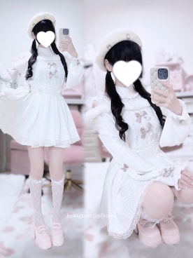 「NOEMIE（ノエミー）のビジューリボンケーブルオフショルファーニット（针织衫、ホワイト系）」を使った、羽乃ぴふわ(インスタ見に来てね🎀)さん（レディース・151cm）の春コーディネート