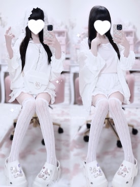 「NOEMIE（ノエミー）のうさみみシアーレースブルゾン（パーカー、ホワイト系）」を使った、羽乃ぴふわ(インスタ見に来てね🎀)さん（レディース・151cm）の夏コーディネート