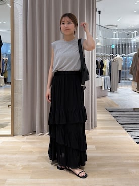 「COLLAGE GALLARDAGALANTE（コラージュガリャルダガランテ）のリネンライクカットタンクトップ/セットアップ可（Tank tops、グレー系）」を使った、rukaさん（レディース・154cm）の夏コーディネート