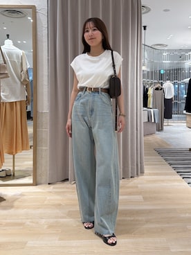 「COLLAGE GALLARDAGALANTE（コラージュガリャルダガランテ）の接触冷感素/こだわりの美シルエット/クールタッチTシャツ/Q.anos（T Shirts、ホワイト系）」を使った、rukaさん（レディース・154cm）の夏コーディネート