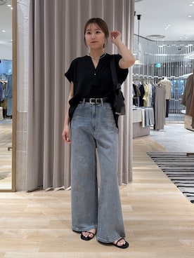 「COLLAGE GALLARDAGALANTE（コラージュガリャルダガランテ）のジャージスキッパーブラウス/セットアップ可（Shirts、ブラック系）」を使った、rukaさん（レディース・154cm）の夏コーディネート