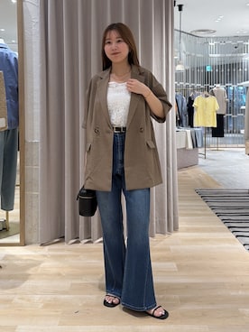 「COLLAGE GALLARDAGALANTE（コラージュガリャルダガランテ）のシアーハーフスリーブジャケット（Tailored jacket、ブラウン系）」を使った、rukaさん（レディース・154cm）の夏コーディネート