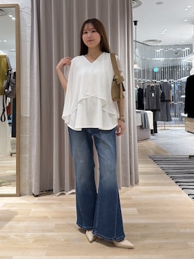 「COLLAGE GALLARDAGALANTE（コラージュガリャルダガランテ）のシアードッキングフレンチTシャツ/WEB限定カラー展開（Tシャツ/カットソー、ホワイト系）」を使った、rukaさん（レディース・154cm）の夏コーディネート