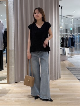 「COLLAGE GALLARDAGALANTE（コラージュガリャルダガランテ）の季節先取りの夏服/シフォンフレンチシアーブラウス（シャツ/ブラウス、ブラック系）」を使った、rukaさん（レディース・154cm）の秋コーディネート