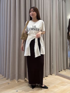「COLLAGE GALLARDAGALANTE（コラージュガリャルダガランテ）のフロッキーコンパクトロゴTシャツ（Tシャツ/カットソー、ホワイト系）」を使った、rukaさん（レディース・154cm）の夏コーディネート