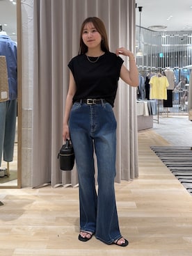 「COLLAGE GALLARDAGALANTE（コラージュガリャルダガランテ）の接触冷感素/こだわりの美シルエット/クールタッチTシャツ/Q.anos（T Shirts、ブラック系）」を使った、rukaさん（レディース・154cm）の夏コーディネート