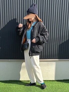 「カラーソックス」｜「アイテム（MA-1）」を使った、yu.さん（レディース・161cm）の冬コーディネート