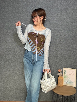 「GU(ジーユー)のレースリボンカーディガン(カーディガン/ボレロ)」を使った、yu.さん(レディース・161cm)の秋コーディネート