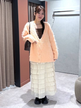 「LOWRYS FARM（ローリーズファーム）のシャギーロングＶカーディガン　595935（カーディガン/ボレロ）」を使った、futabaさん（レディース・160cm）の秋コーディネート