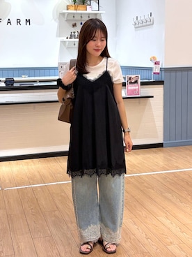 「LOWRYS FARM（ローリーズファーム）のレースデニム　601055（デニムパンツ、ブルー系）」を使った、futabaさん（レディース）の夏コーディネート
