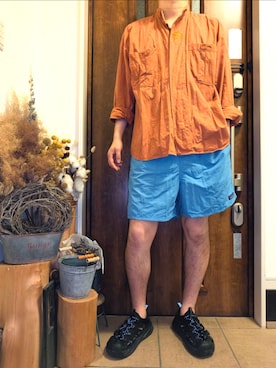 「古着のアイテム（シャツ/ブラウス、オレンジ系）」を使った、sanshoku.さん（メンズ・180cm）の夏コーディネート