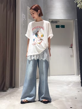 「CIAOPANIC TYPY（チャオパニックティピー）の【AMALFI】ワンポイント刺繍アソートプリントTee（Tシャツ/カットソー、ホワイト系）」を使った、ponsan0529さん（レディース・156cm）の夏コーディネート