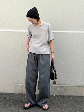 「CIAOPANIC TYPY（チャオパニックティピー）の【接触冷感/二の腕カバーも叶う◎】配色ラグラン半袖ニットTee（ニット/セーター、グレー系）」を使った、ponsan0529さん（レディース・156cm）の夏コーディネート