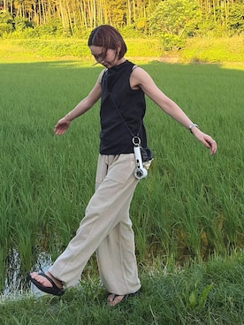「CIAOPANIC TYPY（チャオパニックティピー）の【UNISEX】【シルエット調整可】ピグメント加工ワッフルイージーパンツ/WEB限定カラーあり（スウェットパンツ、ベージュ系）」を使った、ponsan0529さん（レディース・156cm）の夏コーディネート