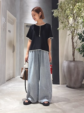 「CIAOPANIC TYPY（チャオパニックティピー）の【接触冷感】配色ラグラン半袖ニットTee（ニット/セーター、ブラック系）」を使った、ponsan0529さん（レディース・156cm）の夏コーディネート