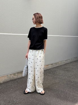 「CIAOPANIC TYPY（チャオパニックティピー）の【接触冷感】配色ラグラン半袖ニットTee（ニット/セーター、ブラック系）」を使った、ponsan0529さん（レディース・156cm）の春コーディネート