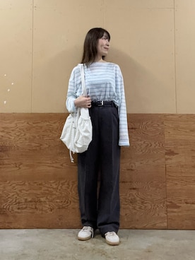 「fredy emue（フレディエミュ）のハートステッチシアーボーダーロンTシャツ（Tシャツ/カットソー、ブルー系）」を使った、Wajikiさん（レディース・157cm）の夏コーディネート
