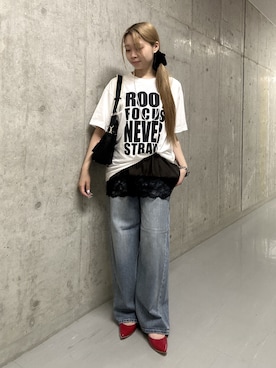 「RIVE DROITE（リヴドロワ）の【接触冷感】アソートロゴTee（夏服）（Tシャツ/カットソー、ホワイト系）」を使った、suzuha81さん（レディース・155cm）の夏コーディネート