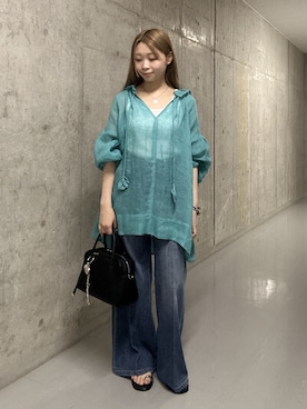 「RIVE DROITE（リヴドロワ）の予約【à Nice】【涼しげなシアー感】リネンギャザーブラウス（シャツ/ブラウス、ブルー系）」を使った、suzuha81さん（レディース・155cm）の夏コーディネート