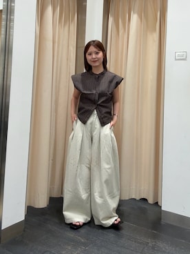 「KBF（ケイビーエフ）のバルーンスリーブチェックシャツ（シャツ/ブラウス、ブラウン系）」を使った、r i n k o さん（レディース・159cm）の夏コーディネート