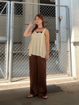 「KBF（ケイビーエフ）のフリルギャザービスチェ（その他トップス、ホワイト系）」を使った、r i n k o さん（レディース・159cm）の夏コーディネート
