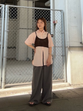 「KBF（ケイビーエフ）のニットビスチェSETシャツ（シャツ/ブラウス、ピンク系）」を使った、r i n k o さん（レディース・159cm）の夏コーディネート