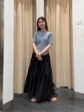 「KBF（ケイビーエフ）のワッフルボーダーヘンリネックTEE（Tシャツ/カットソー、ブルー系）」を使った、r i n k o さん（レディース・159cm）の夏コーディネート
