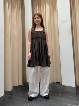 「KBF（ケイビーエフ）のクリンクルミニワンピース（ワンピース、ブラウン系）」を使った、r i n k o さん（レディース・159cm）の夏コーディネート