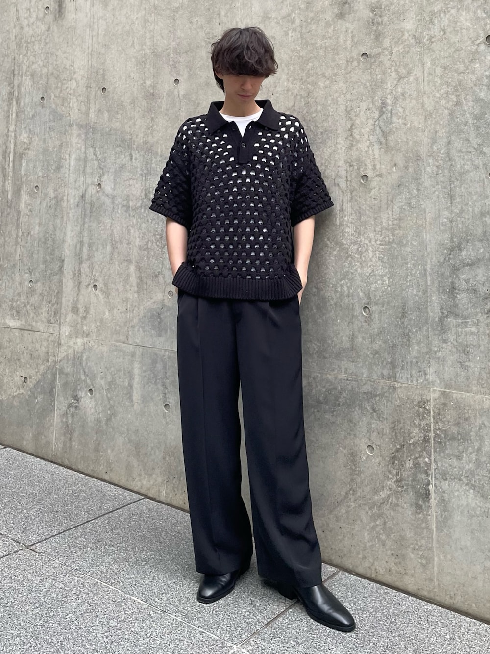 コーデの主役になる、透かし編みのニットポロ 透かし編みニットスキッパーポロシャツ(M ブラック): トップス