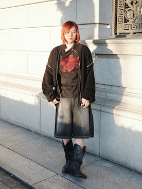 「SHINYAKOZUKA（シンヤコヅカ）のPAINTED ORDINARY CITY LOOSE SHORTS(ISSUE#8)（デニムパンツ、ブラック系）」を使った、YUKIさん（メンズ・175cm）の春コーディネート
