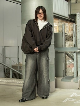 「stein（シュタイン）のUNTWISTED YARN SWEAT ZIP UP HOODY（パーカー、ブラック系）」を使った、YUKIさん（メンズ・175cm）の秋コーディネート