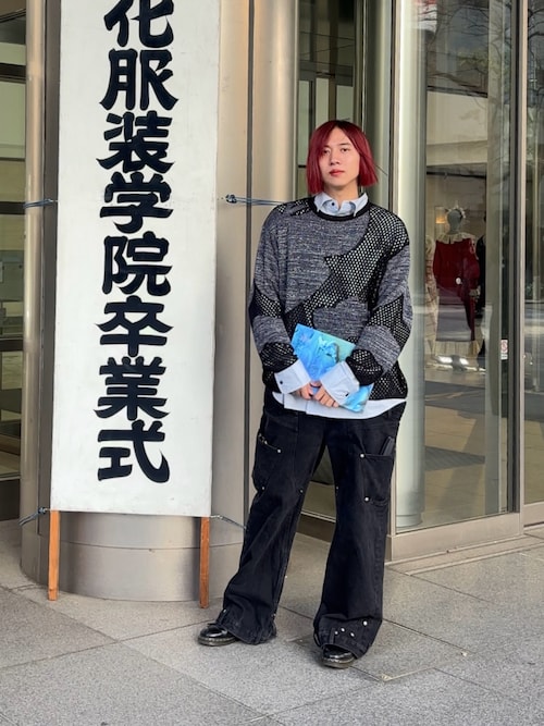 「BLAYMORE（ブレイモア）の【BLAYMORE】Butterfly Flower Glitter Knit / メッシュニット シアートップス ラメ糸 春色（ニット/セーター）」を使った、YUKIさん（メンズ・175cm）の春コーディネート