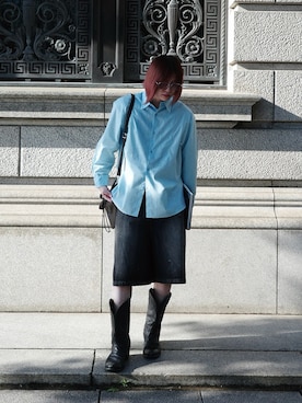 「BLAYMORE（ブレイモア）の【BLAYMORE】Regular Collar Lace Shirt / レギュラーカラーレースシャツ（シャツ/ブラウス、ブルー系）」を使った、YUKIさん（メンズ・175cm）の春コーディネート