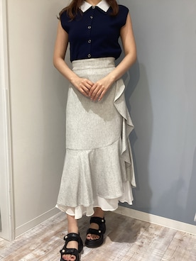 「MISCH MASCH（ミッシュマッシュ）の2026春夏新作 シャツ襟フレンチニット（ニット/セーター、ブルー系）」を使った、河原町OPA店さん（レディース・160cm）の夏コーディネート