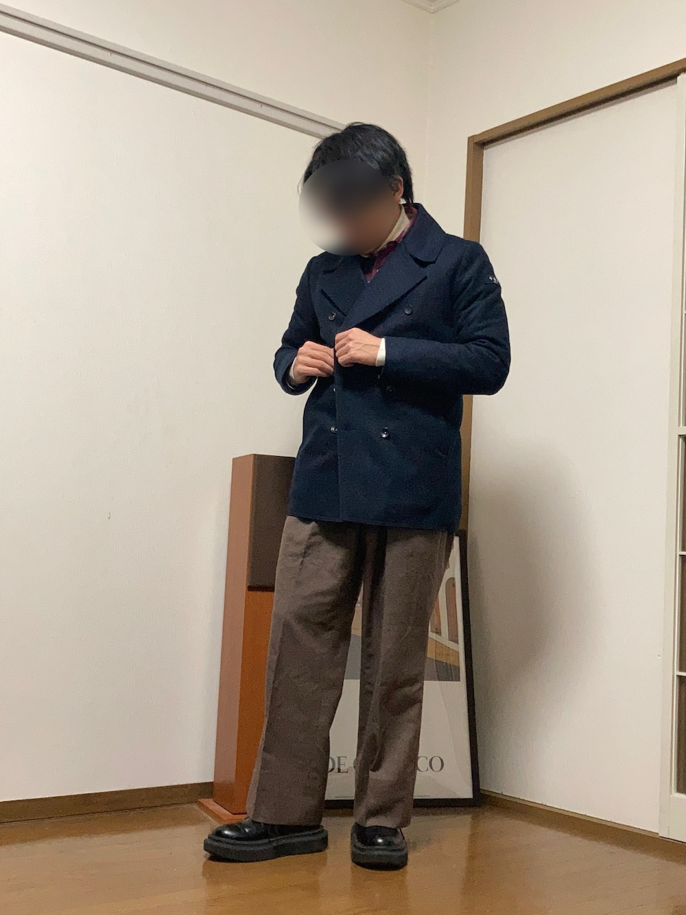 「最近のいい感じコーデ、タートルネック、冬アウター、休日コーデ、冬のコーデ、オトナカジュアル、きれいめカジュアル、古着MIX、革靴、低身長、スラックス、GU、厚底シューズ」｜「GUのGU×undercover チャンキーソールプレーントゥシューズ（ドレスシューズ、ブラック系）」を使った、ロロさん（メンズ・166cm）の冬コーディネートの1枚目の写真