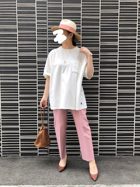 「ストローハット」｜「アイテム（スラックス）」を使った、kaorinnさん（レディース・158cm）の夏コーディネート