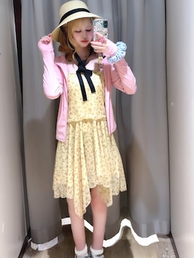 「SMELLY（スメリー）のペーパーブレードハット（ハット、ホワイト系）」を使った、risaさん（レディース・159cm）の夏コーディネート