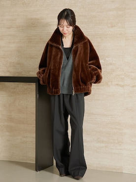 「plage（プラージュ）のVegancode / ヴィ―ガンコード 別注 ECOFUR BOMBER ジャケット（その他アウター、ブラウン系）」を使った、Mayuさん（レディース・157cm）の夏コーディネート