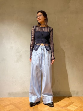 「IENA LA BOUCLE（イエナラブークル）のIENA LA BOUCLE コットンストライプスリーピーパンツ（その他パンツ、ブルー系）」を使った、kuboさん（レディース・165cm）の春コーディネート