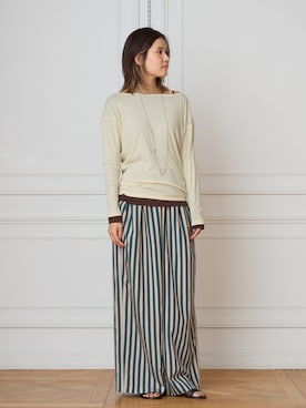 「IENA LA BOUCLE（イエナラブークル）のIENA LA BOUCLE ワイドストライプパンツ（その他パンツ、グリーン系）」を使った、kuboさん（レディース・165cm）の春コーディネート