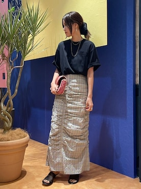 「IENA LA BOUCLE（イエナラブークル）のIENA LA BOUCLE シアーチェックシャーリングスカート（スカート、パープル系）」を使った、kuboさん（レディース・165cm）の春コーディネート