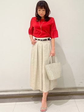 「COUP DE CHANCE（クードシャンス）の【5分袖／日本製／接触冷感】異素材ドッキングカットソー（Tシャツ/カットソー、ピンク系）」を使った、AYAさん（レディース・154cm）の春コーディネート