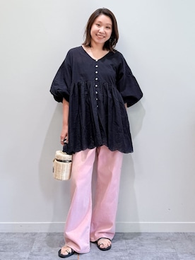 ◇バルーン袖スカラップ刺繍レースチュニックを使った人気ファッション 