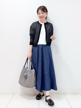 「Dessin（デッサン）の【洗える】チェック柄シアークルーネックカーディガン（カーディガン/ボレロ、ブラック系）」を使った、nakajoさん（レディース・155cm）の春コーディネート