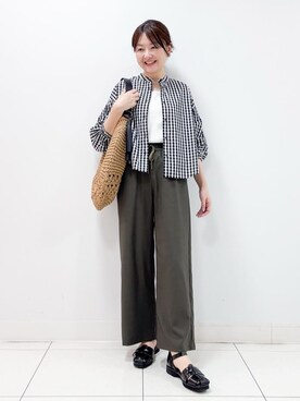 「Dessin（デッサン）の【ウエストゴム・洗える】ドロストリラックスパンツ（XS～L）（その他パンツ、グリーン系）」を使った、nakajoさん（レディース・155cm）の春コーディネート
